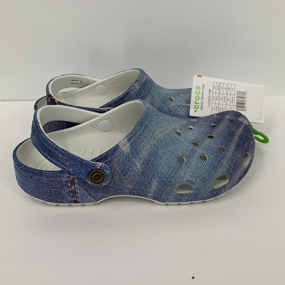 CROCS Classic Clog blue denim jean print back strap shoe slide mule new women 8 - Picture 1 of 5